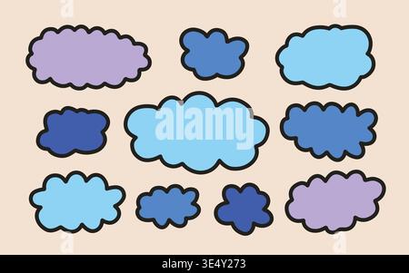 Cute colorful doodle cloud collection. Set of blue kid`s style clouds Stock Vector